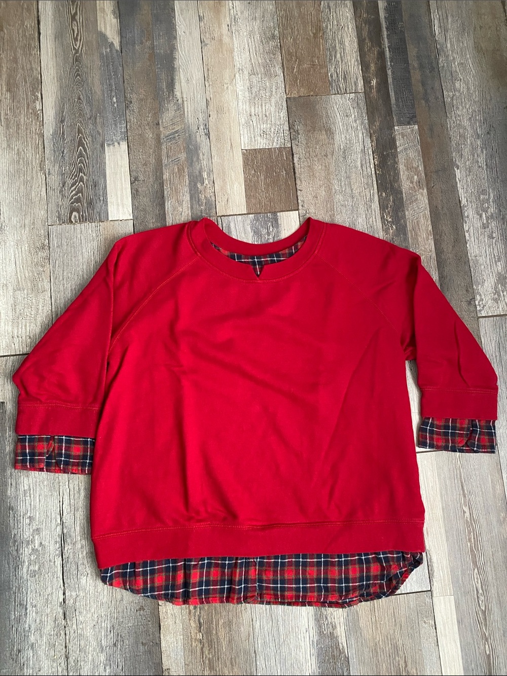 Red Plaid-Trim Crewneck Sweatshirt